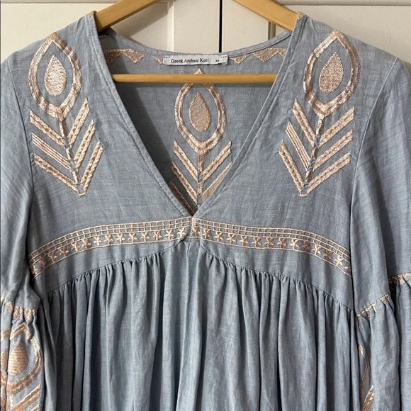 Bohemian Blue and Pink Embroidered Linen Dress - Picture 2 of 4